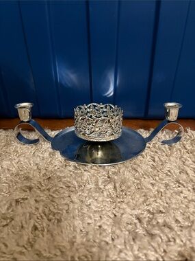 Silver Filigree Unity Candle Holder-Double-Arm Candle Holder with Center Votive
